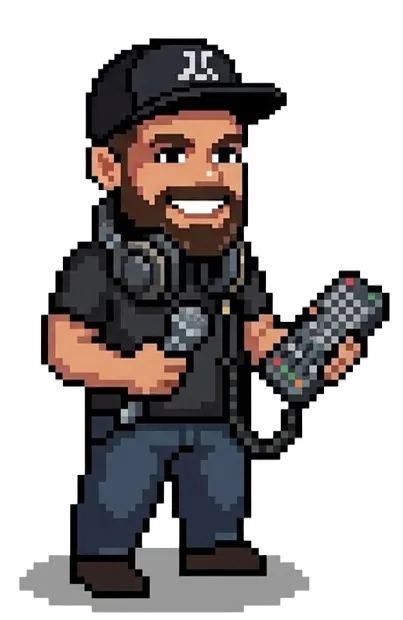 Pixel avatar van Mark met koptelefoon en afstandsbediening