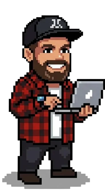 Pixel avatar van Mark met laptop